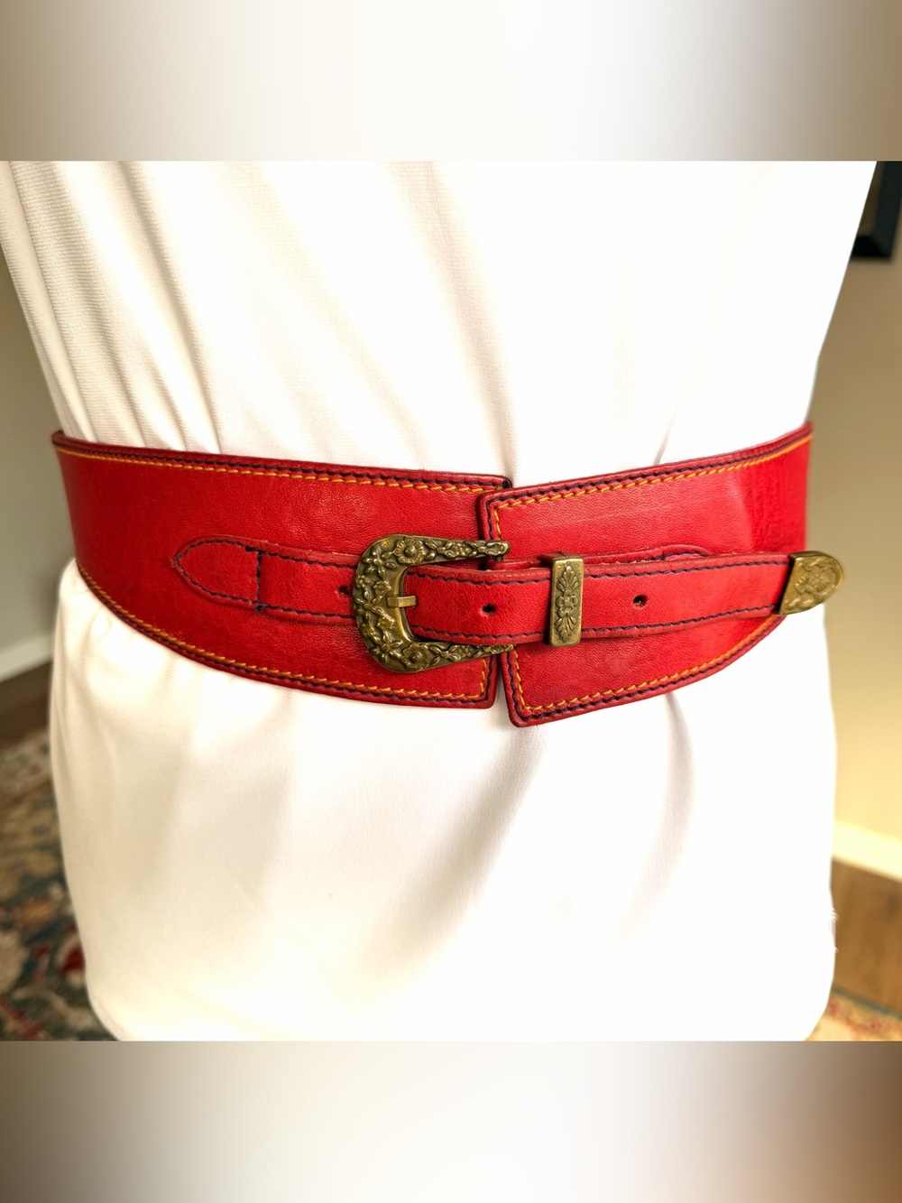 Vintage ECHO Tomato Red Genuine Leather Wide Waist Belt Medium